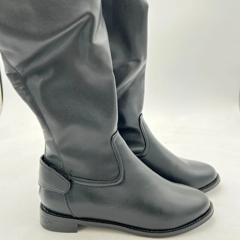 Black Women Regular Round Toe Riding Knee High Boots Wide Calf Back Zipper Shoe